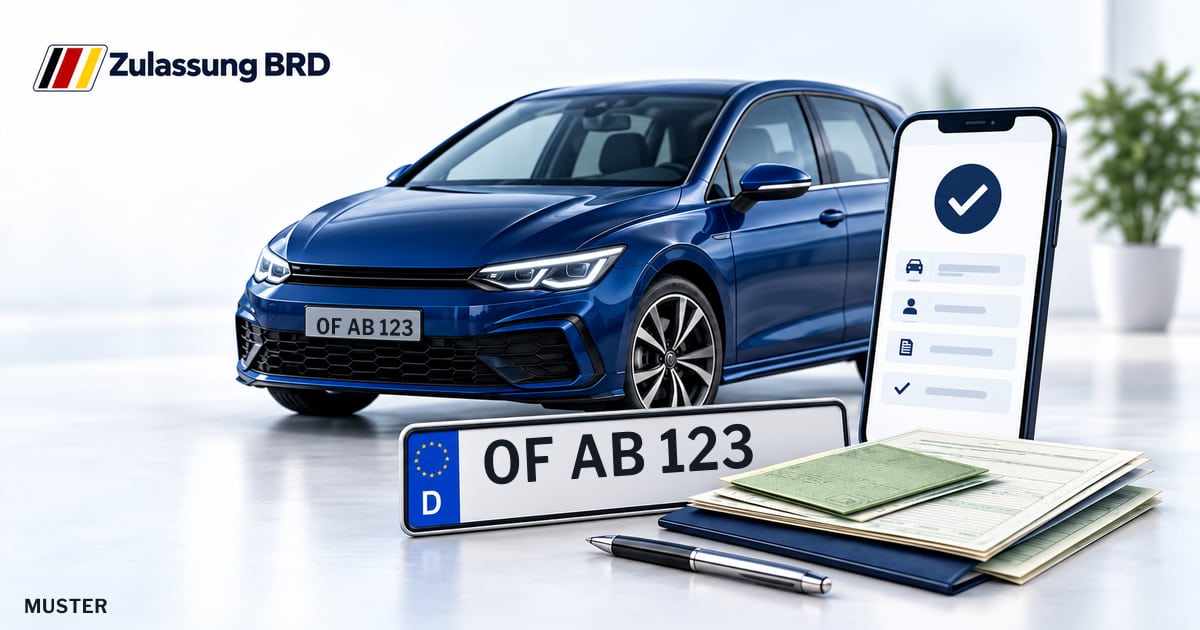 Online Fahrzeugzulassung in Landkreis Offenbach: Musterkennzeichen OF AB 123, Auto und Fahrzeugpapiere und Smartphone. Illustration mit Logo von Zulassung BRD.